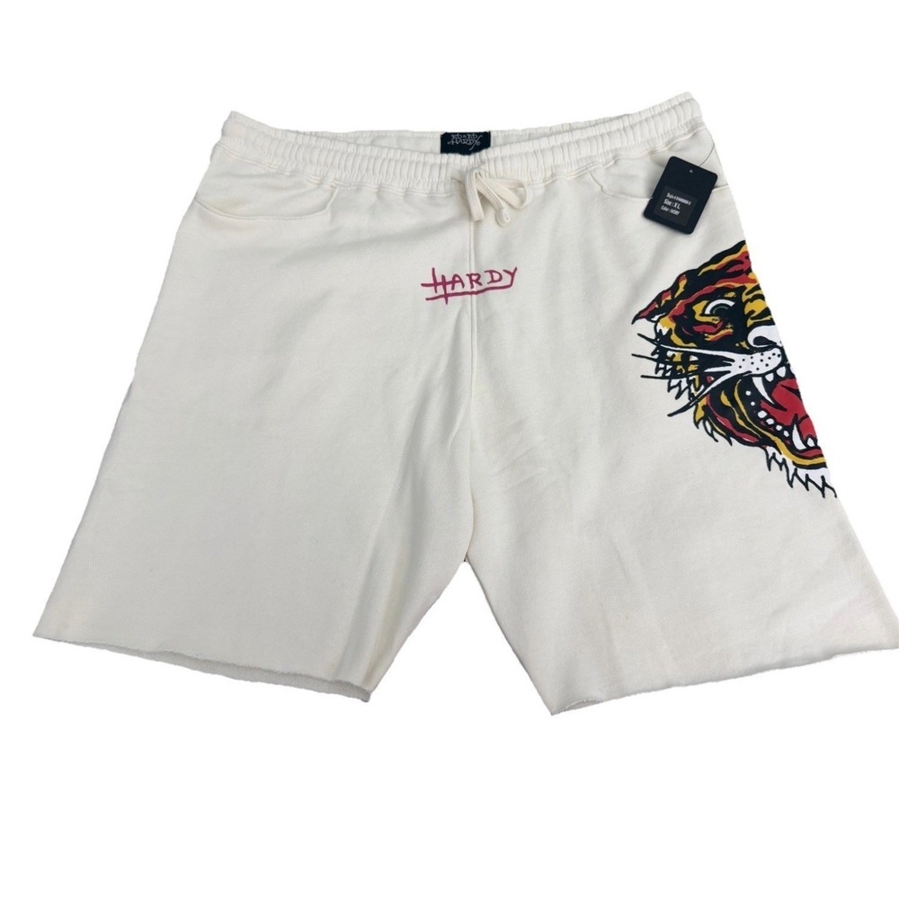 Ed Hardy Men's Ivory Short Roaring Tiger Sweat W/Pink Ed Hardy On Back  Size XL